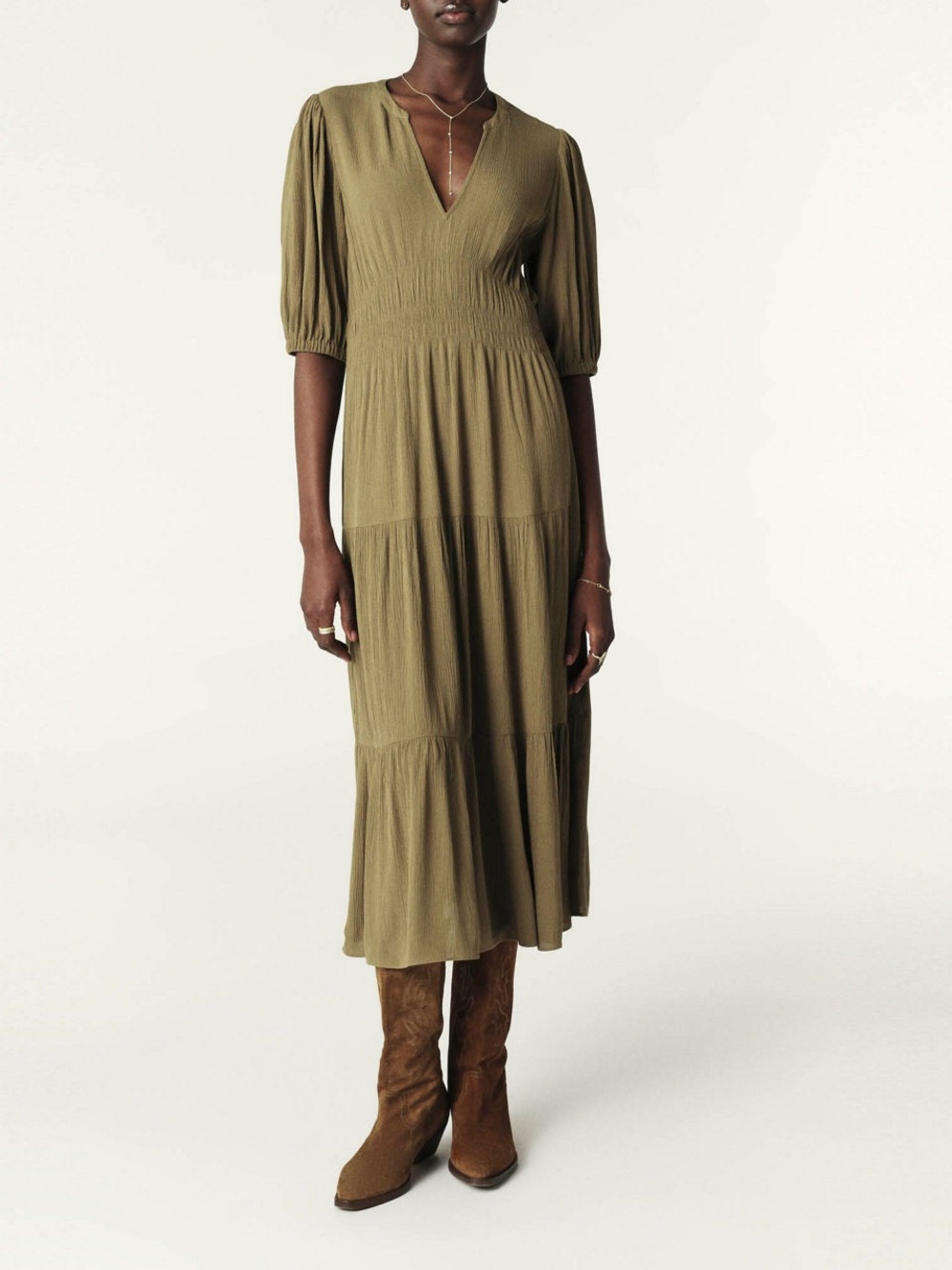 ba&sh Norma Midi Dress in Khaki/Olive
